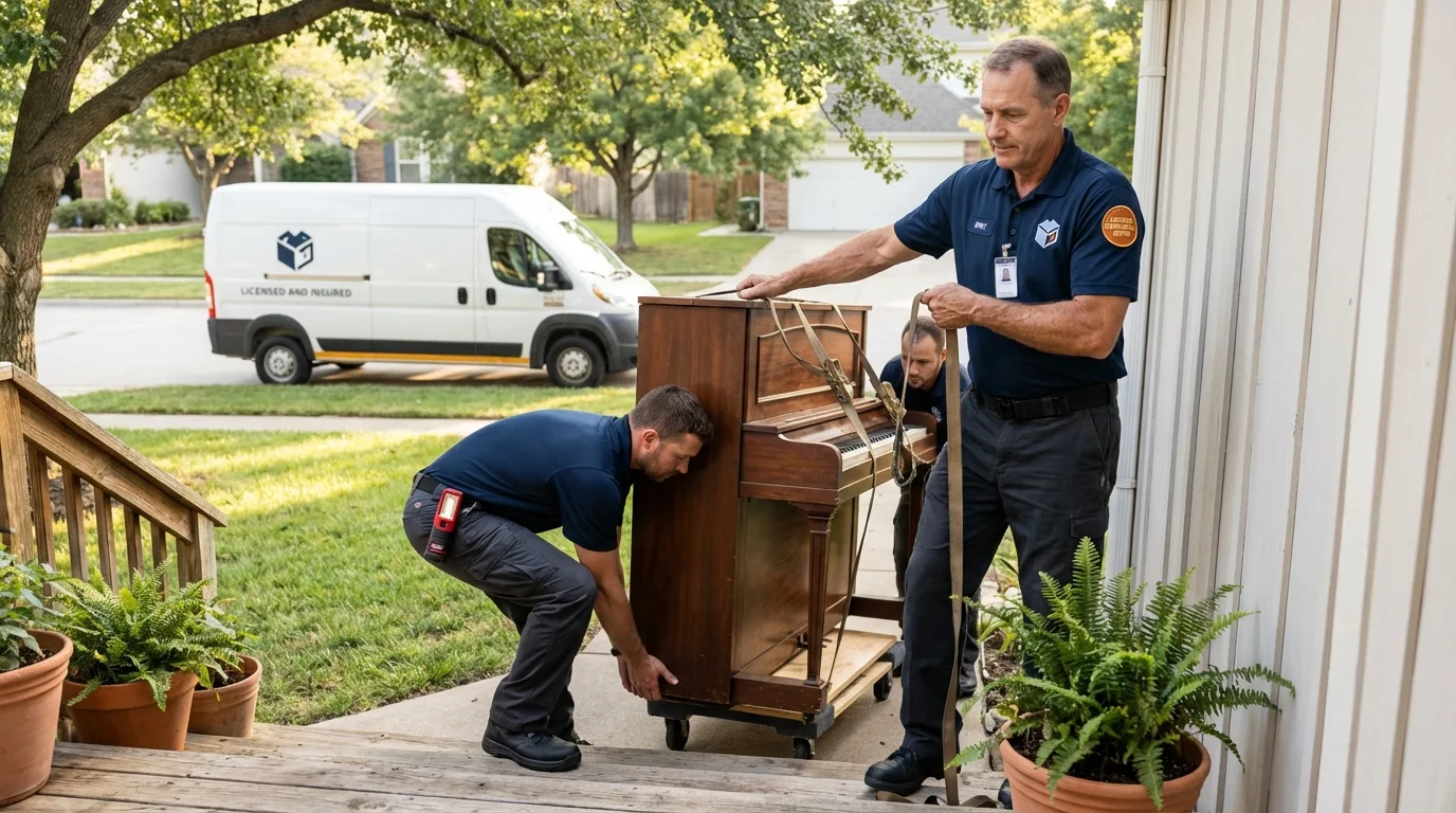 Licensed piano movers securing grand piano in Vassar, MI