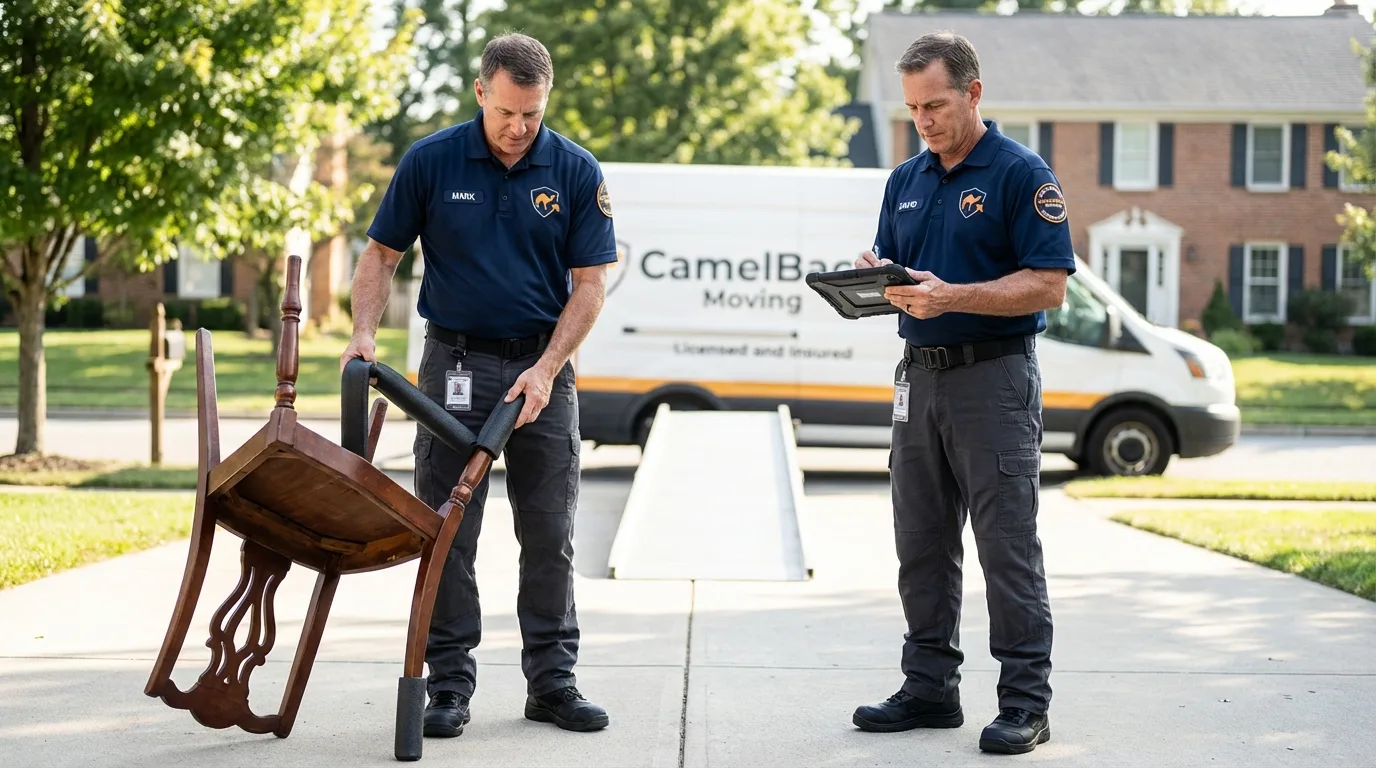 Movers inspecting furniture for damage prevention before loading in Vassar, MI