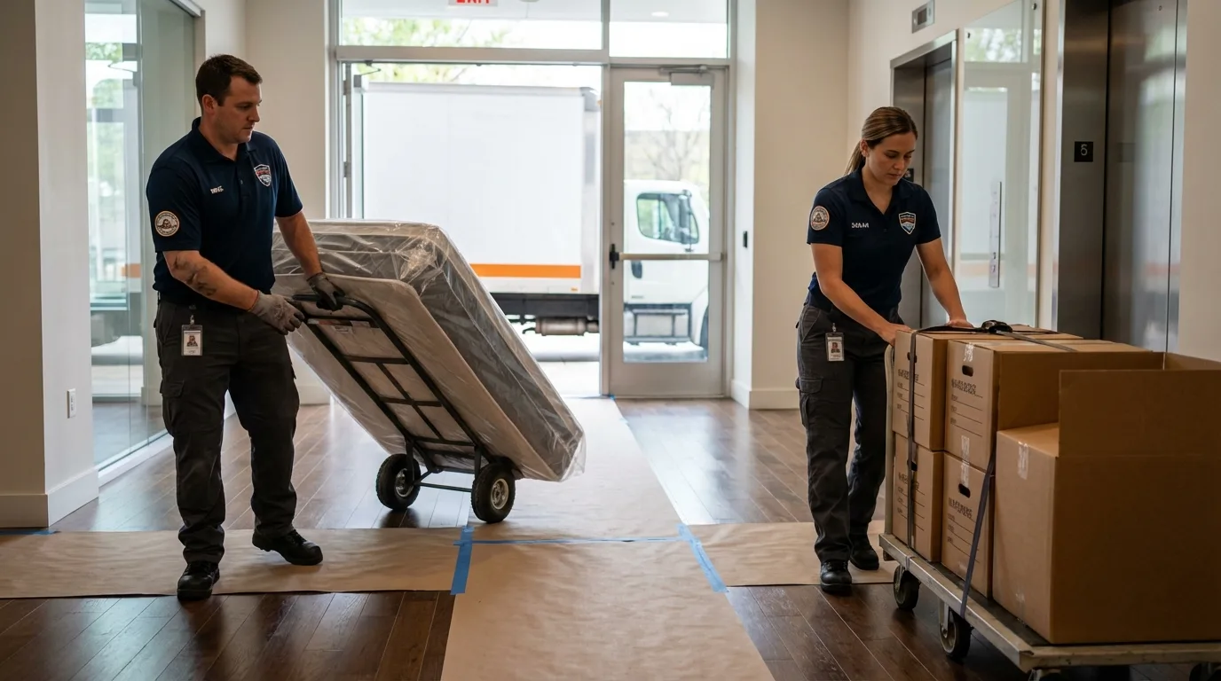 Professional apartment movers loading elevator in Vassar, MI