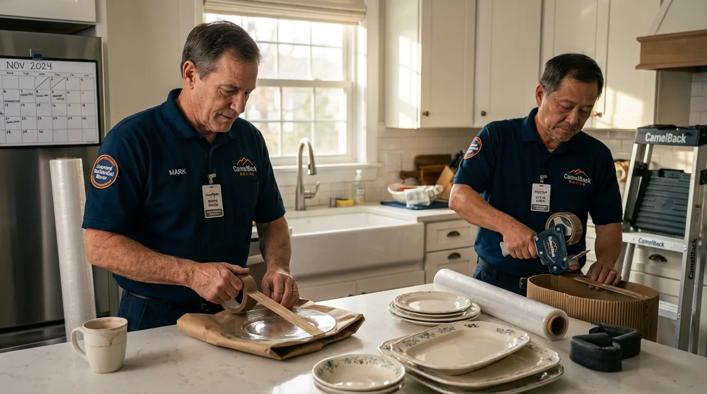 Professional crew packing kitchen dishware in Vassar, MI